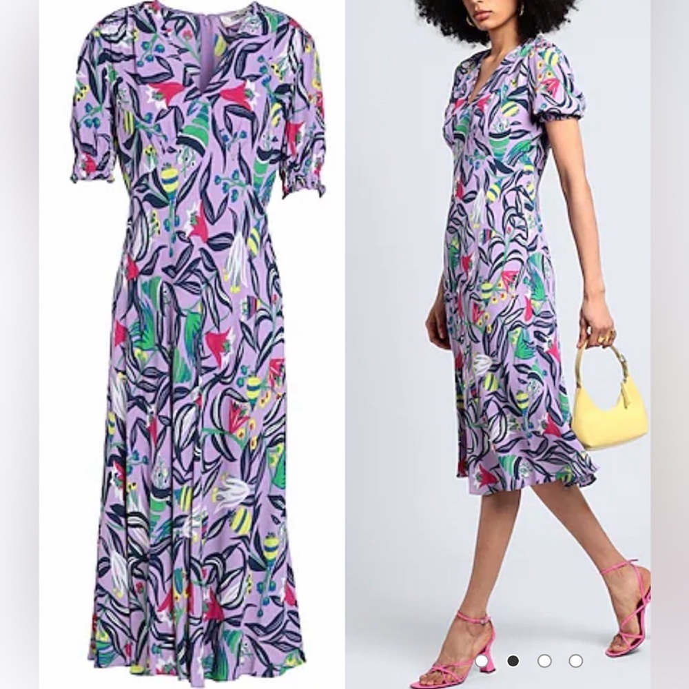 NEW Diane Von Furstenberg Jemma Floral Print purple midi Dress sz 2 - Picture 2 of 8